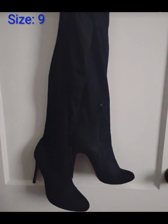 None Shoes - Classic Black Suede Thigh-High Stiletto Boots, Size: 9